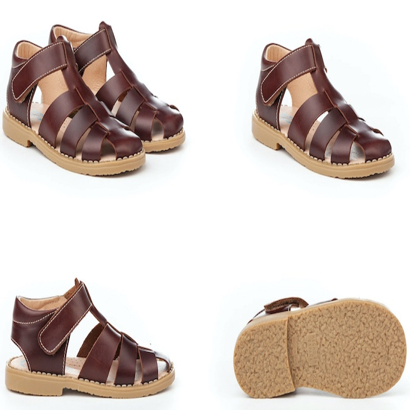 Made in Spain Classic Napa Leather Velcro Sandals Boys EU25-EU34 Brown